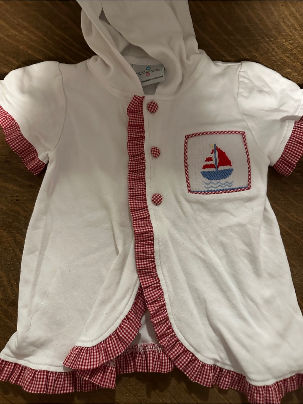 Kids White Hooded Swim Coverup with Red Gingham Trim and Sailboat Applique